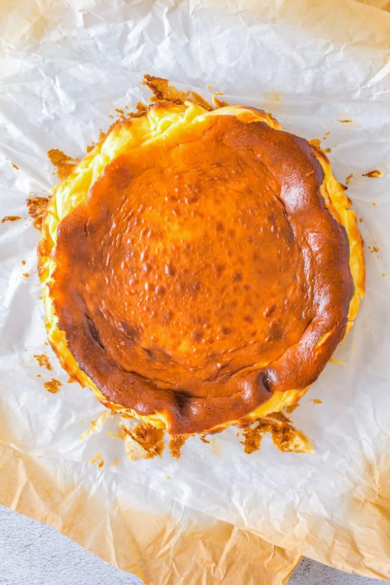 Overhead of finished cheesecake unwrapped.