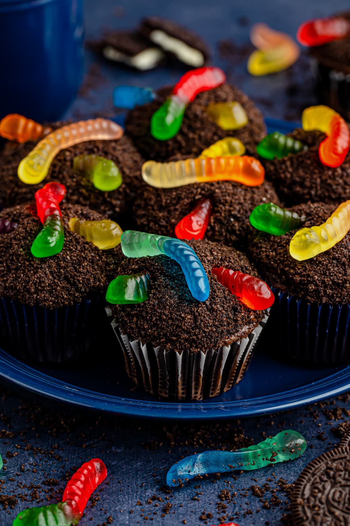 Close up of plate of Dirt Cupcakes finished and decorated.