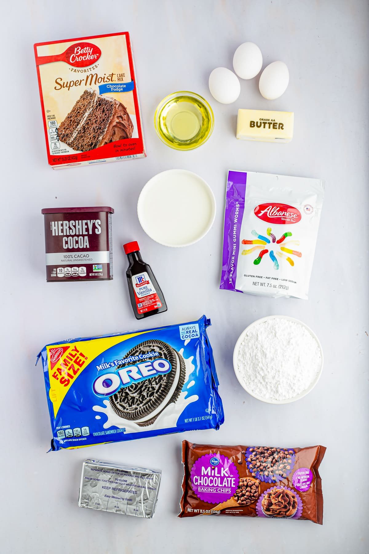 Ingredients needed to make Dirt Cupcakes.
