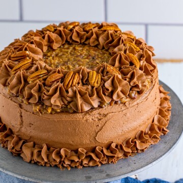 Finished cake frosted and decorated on cake stand.