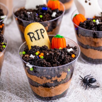 Close up of one of the Graveyard Dirt Cups showing garnishes.