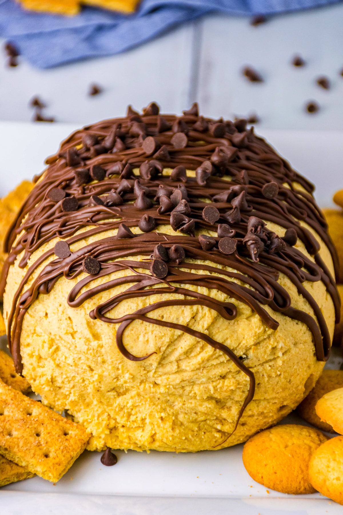 Close up of decorated Pumpkin Cheese Ball showing chocolate.