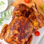 Overhead of finished Chicken on serving platter.