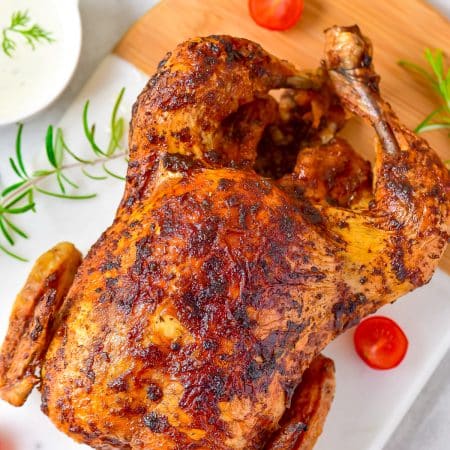 Overhead of finished Chicken on serving platter.