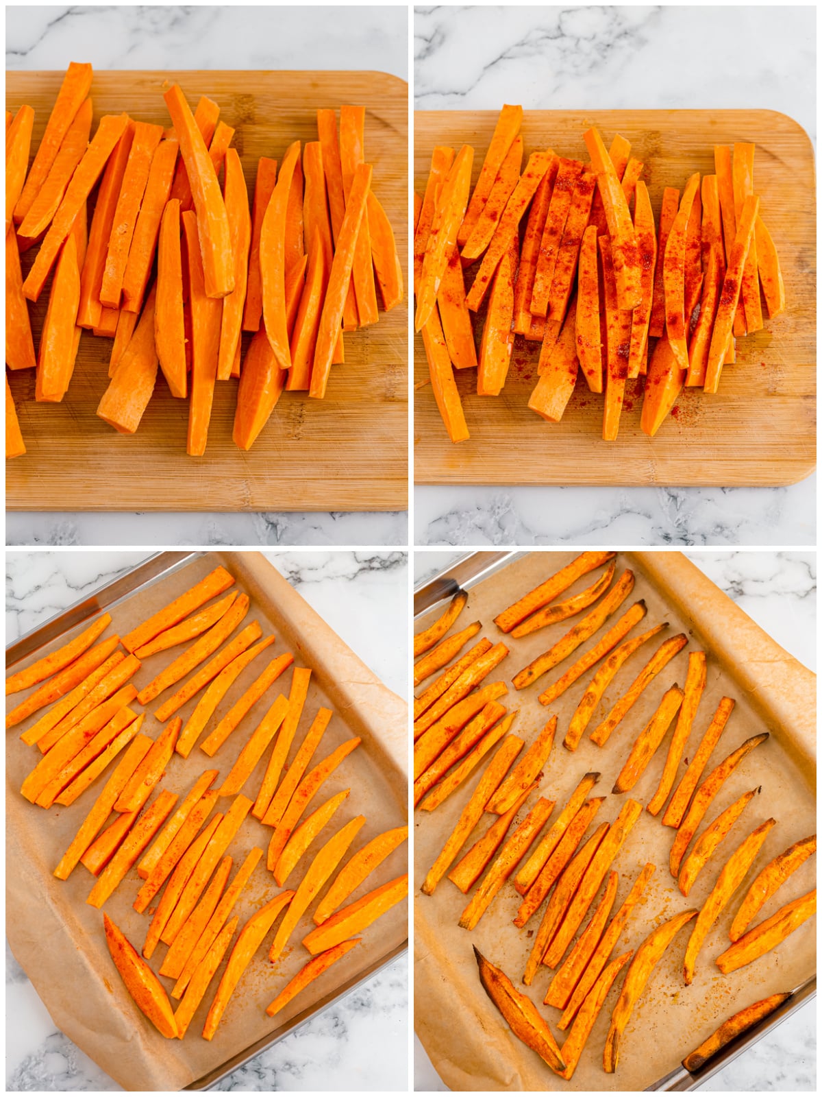 Step by step photos on how to make Oven Sweet Potato Fries.