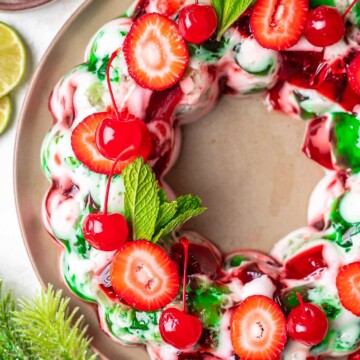 Overhead of finished and decorated Christmas Jello Salad.