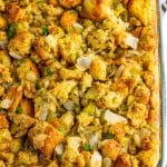 Overhead of finished Classic Stuffing in baking pan.
