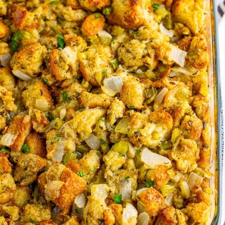 Overhead of finished Classic Stuffing in baking pan.