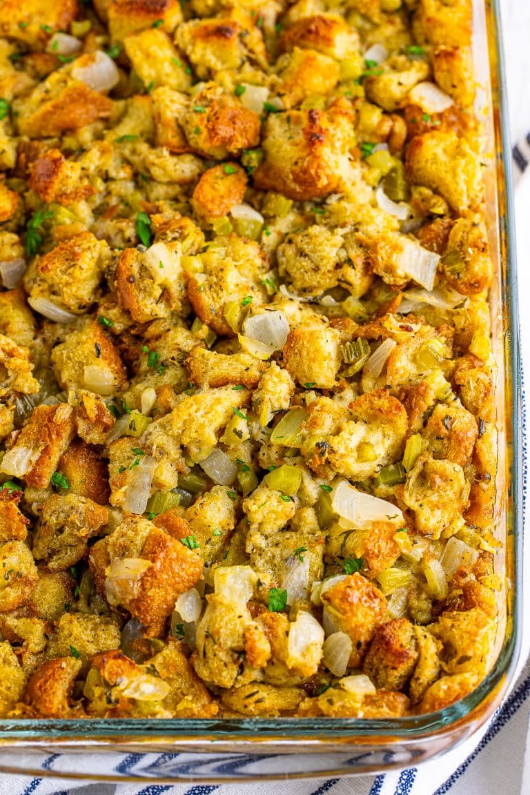 Overhead of finished Classic Stuffing in baking pan.