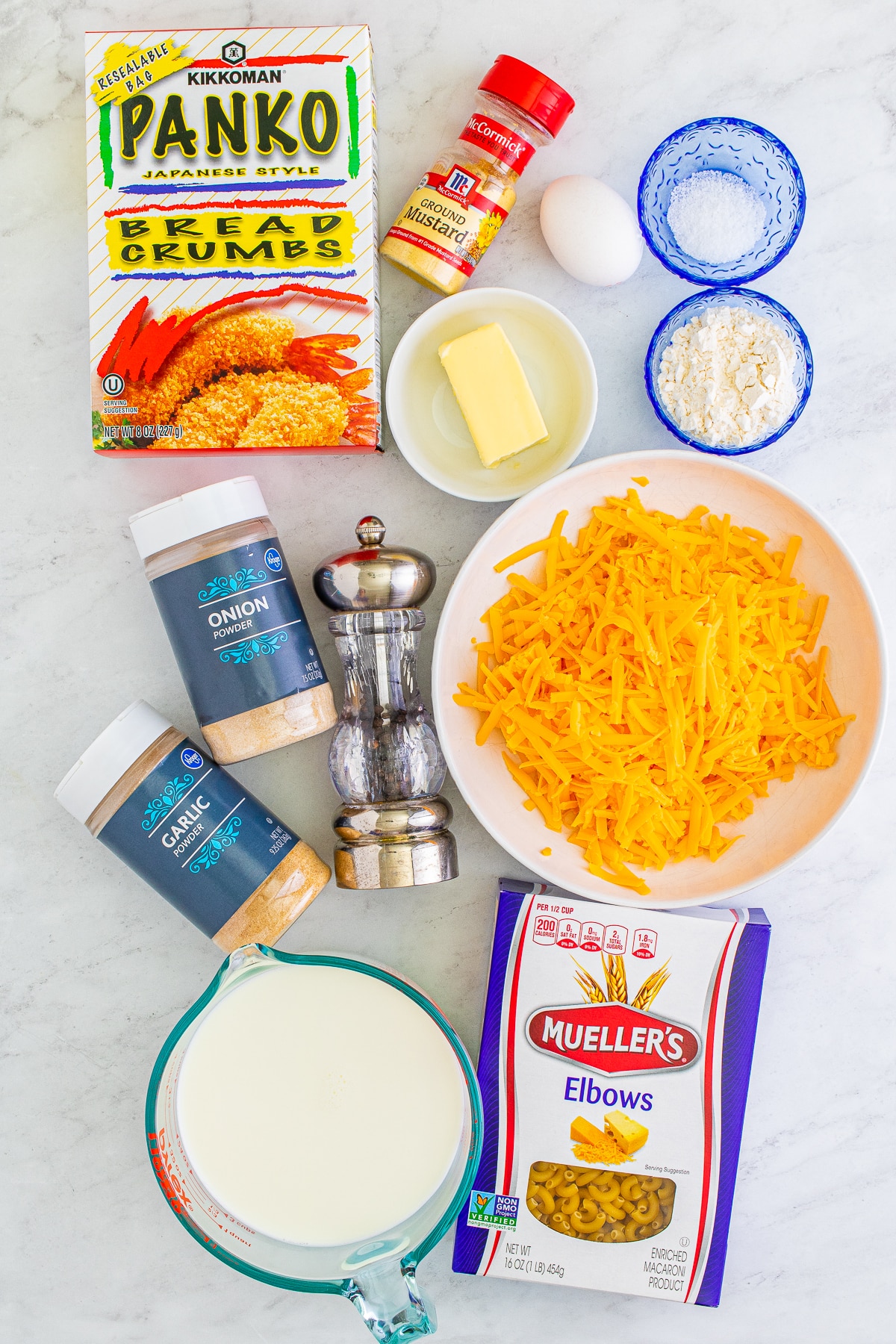 Ingredients needed to make Fried Mac and Cheese.