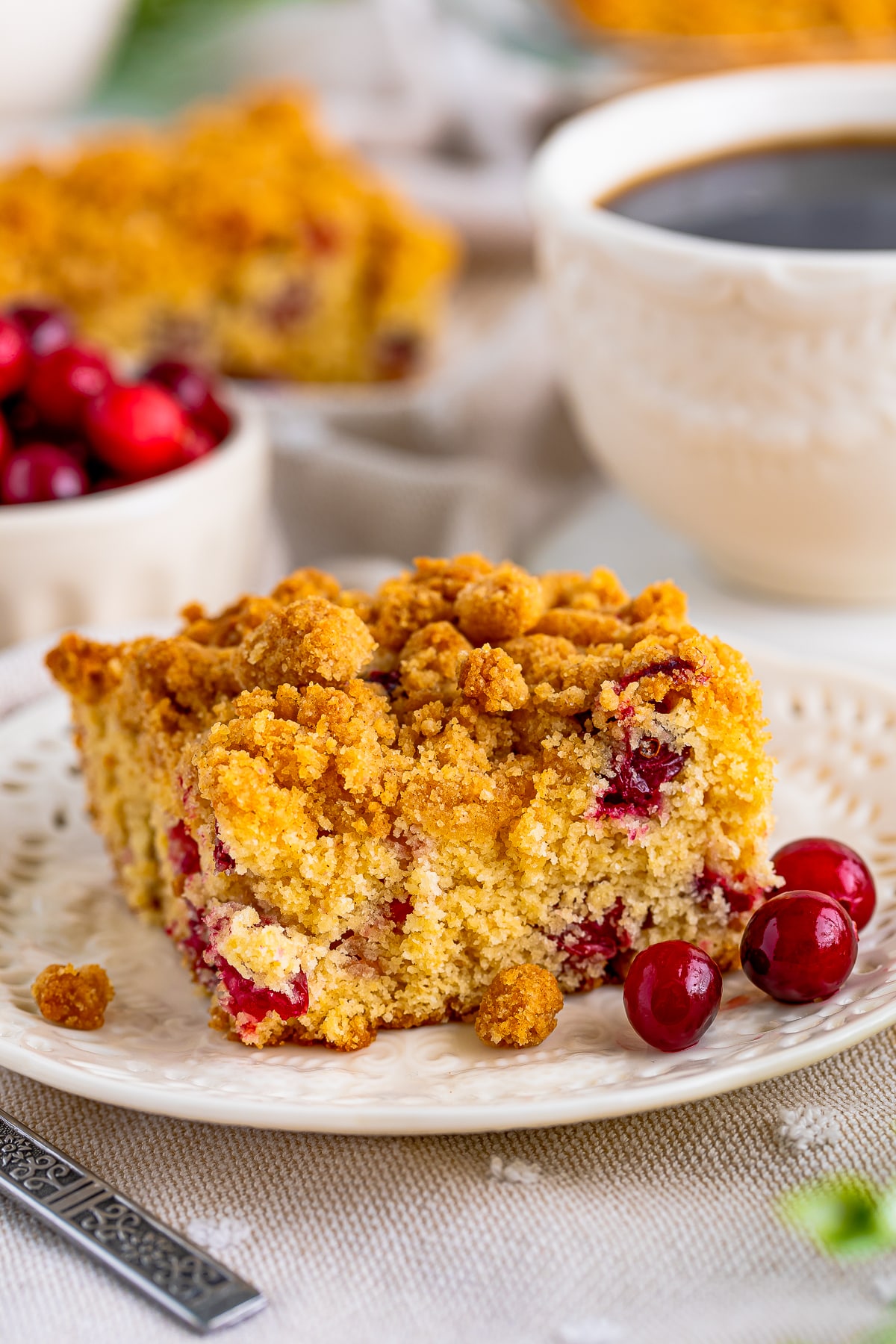 Close up of of slice of Cranberry Coffee Cake on white plate with cranberries on plate.