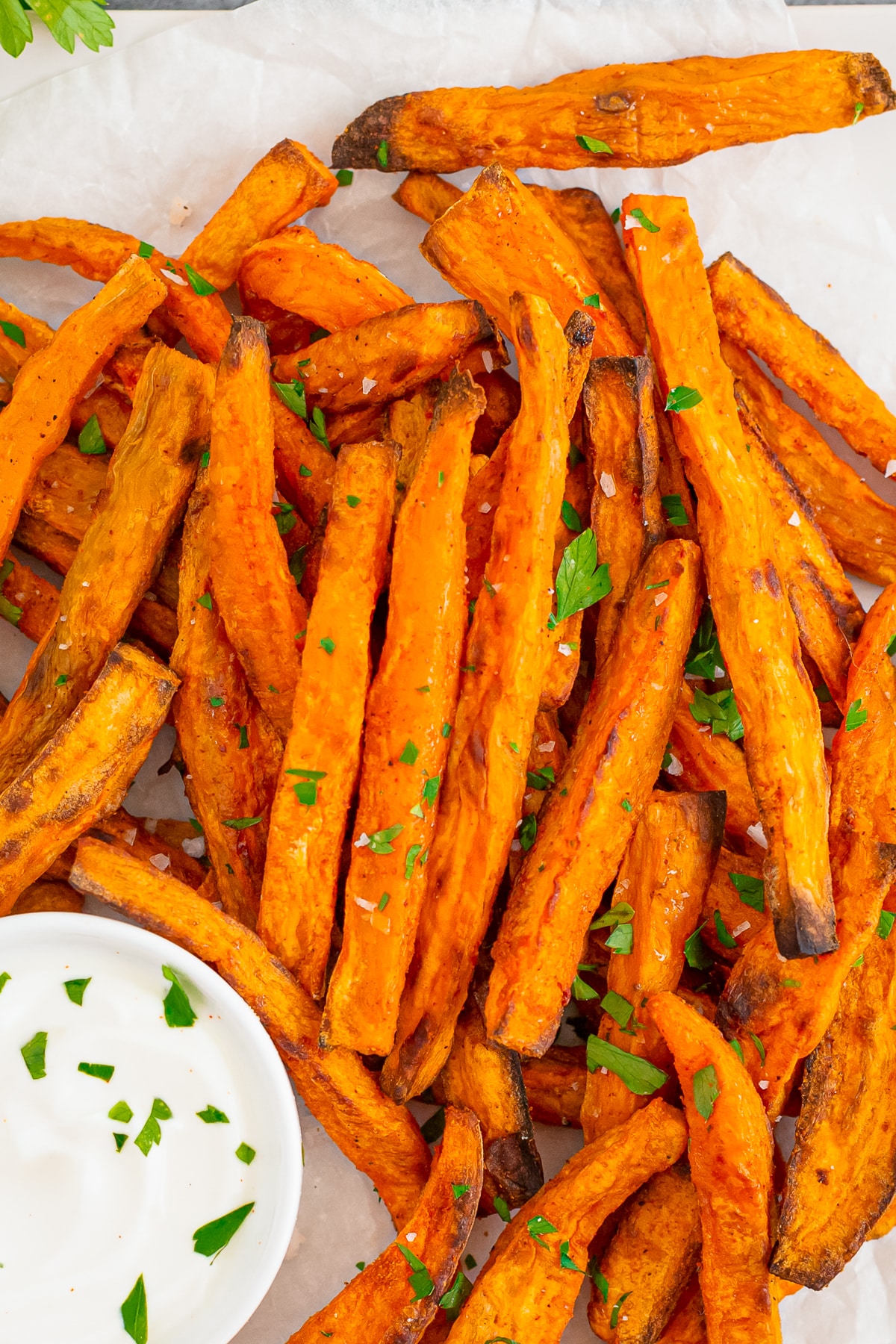 Close up of Oven Sweet Potato Fries on platter.