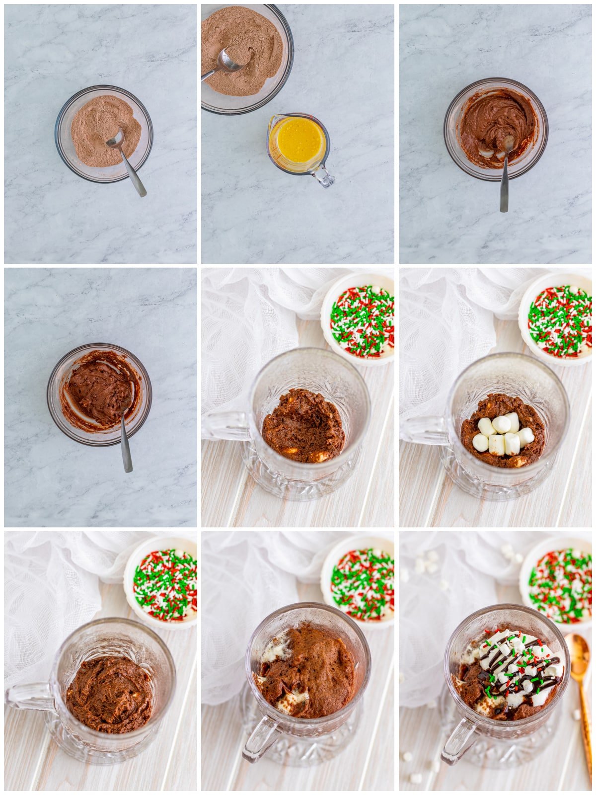 Step by step photos on how to make a Hot Chocolate Mug Cake.