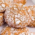 Close up of one cookie showing the powdered sugar and crinkles.