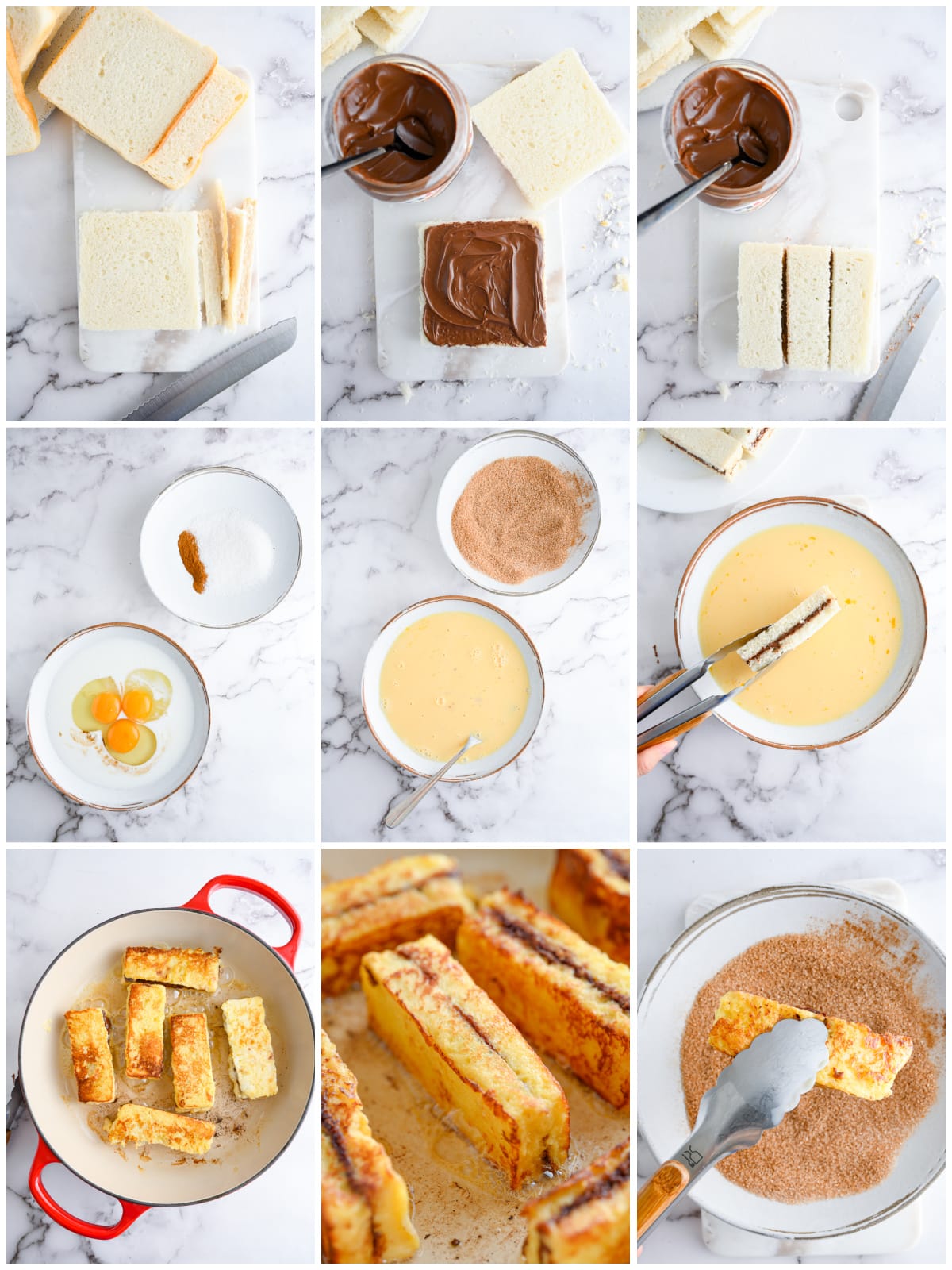 Step by step photos on how to make Nutella French Toast Sticks.