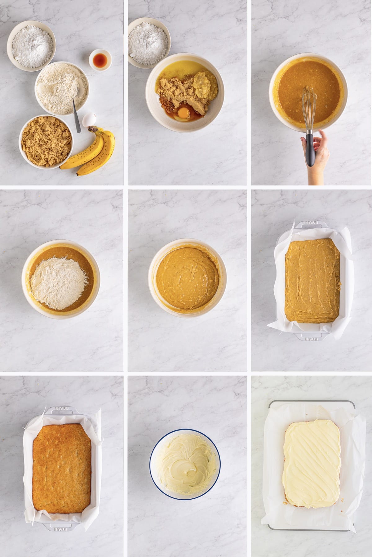 Collage of in process photos showing how to make Banana Blondies.