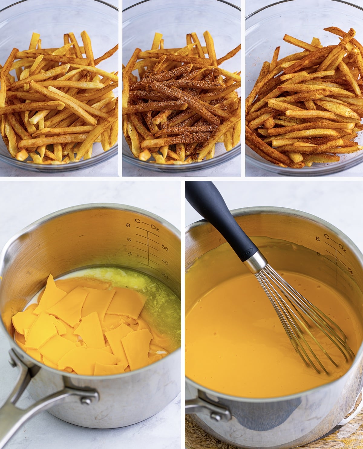Collage of in process photos showing how to make Nacho Fries Recipe.