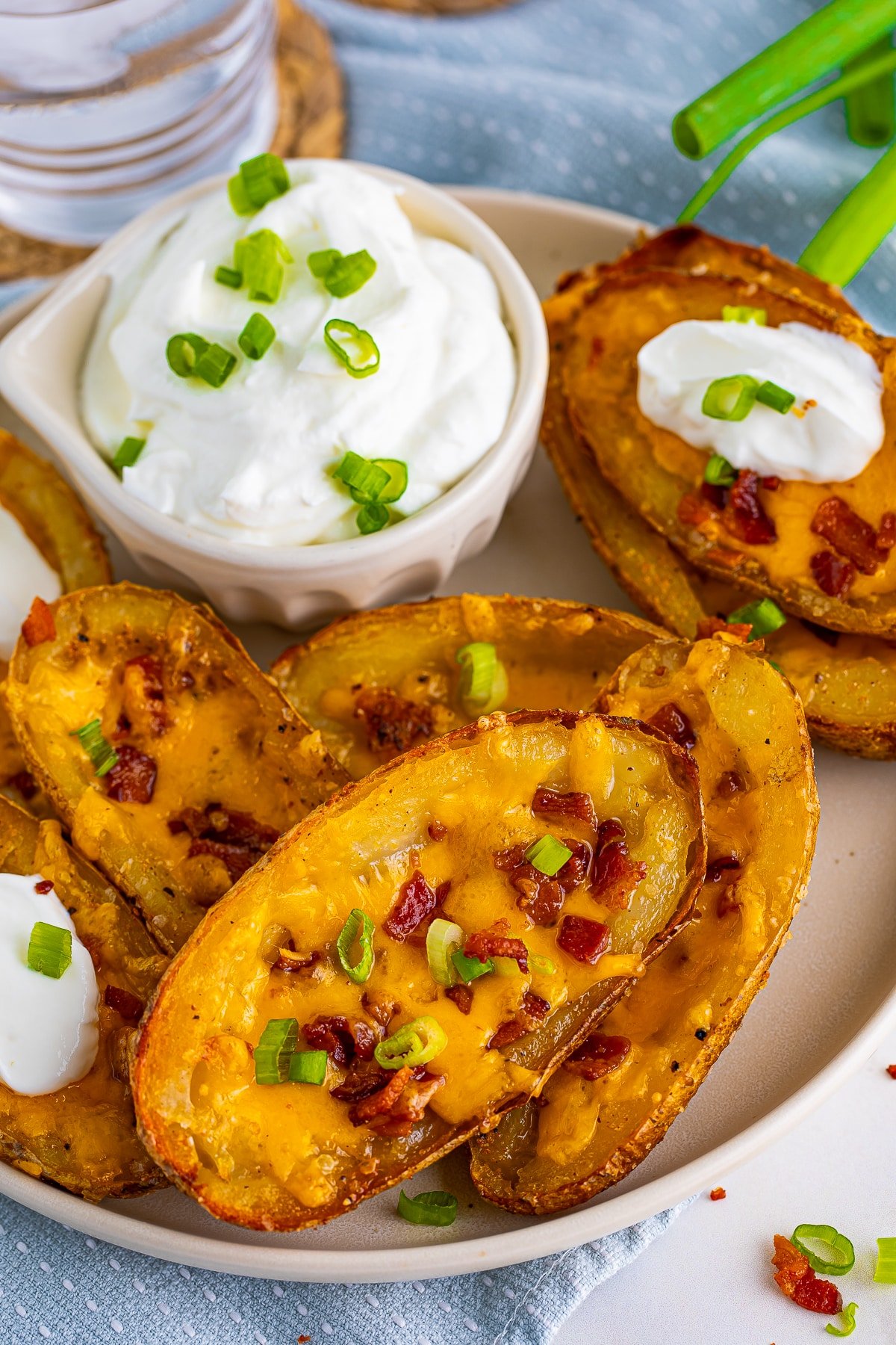 Close up of one of the finished Loaded Potato Skins.
