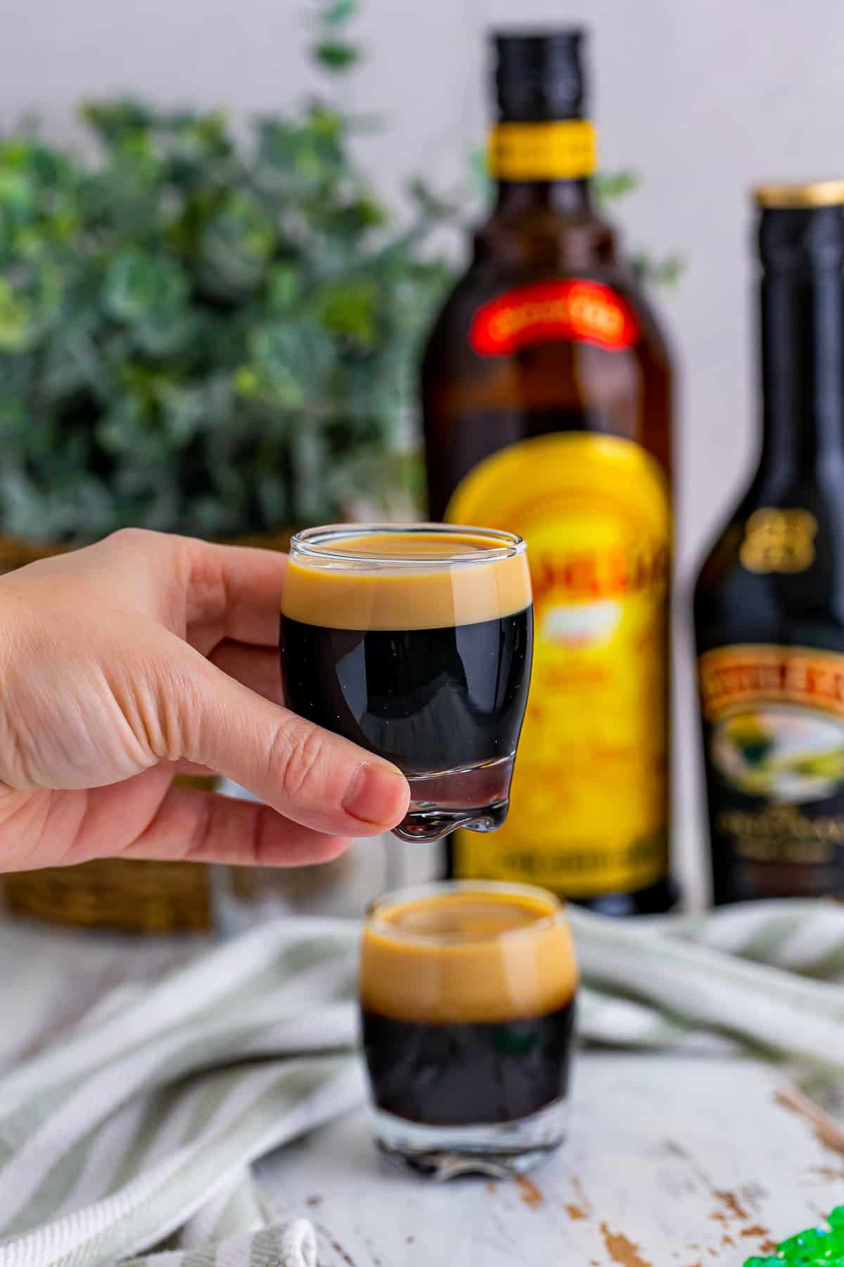 Baby Guinness Shot held in hand, plant in wicker holder in back ground with alcohol bottles