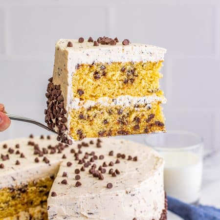A slice of chocolate chip cake on a plate showing two moist layers full of mini chocolate chips.
