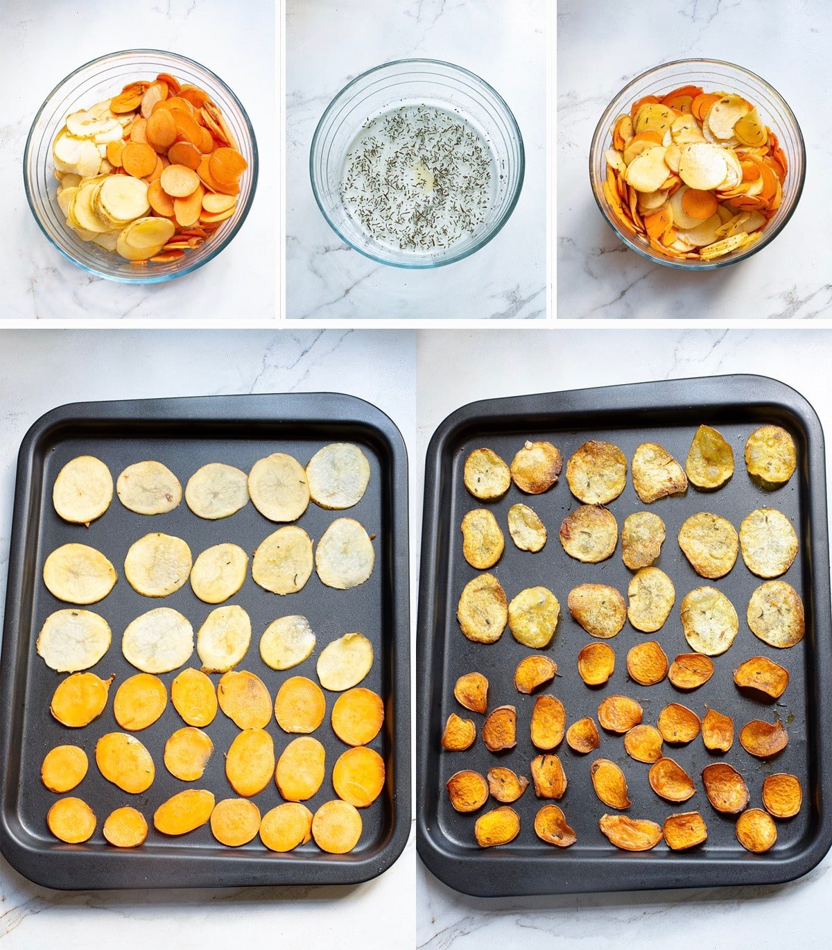 Collage of in process photos on how many Baked Potato Chips.