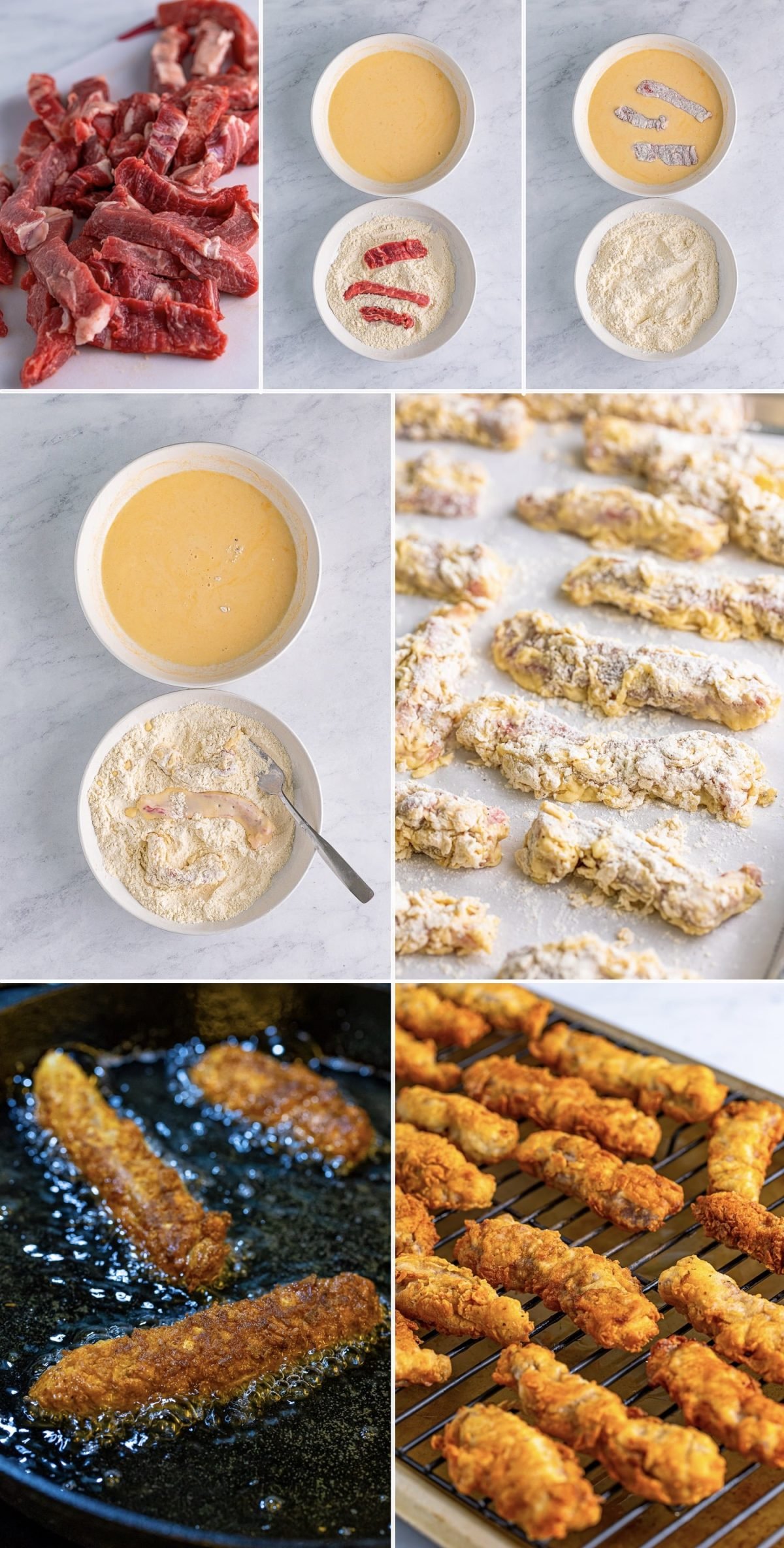 Collage of photos showing how to make Chicken Fried Steak Fingers