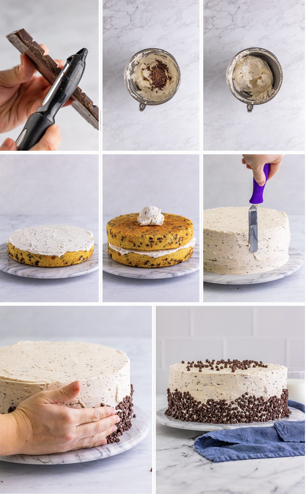 Collage of in process photos showing how to make the frosting and how to assemble Chocolate Chip Cake