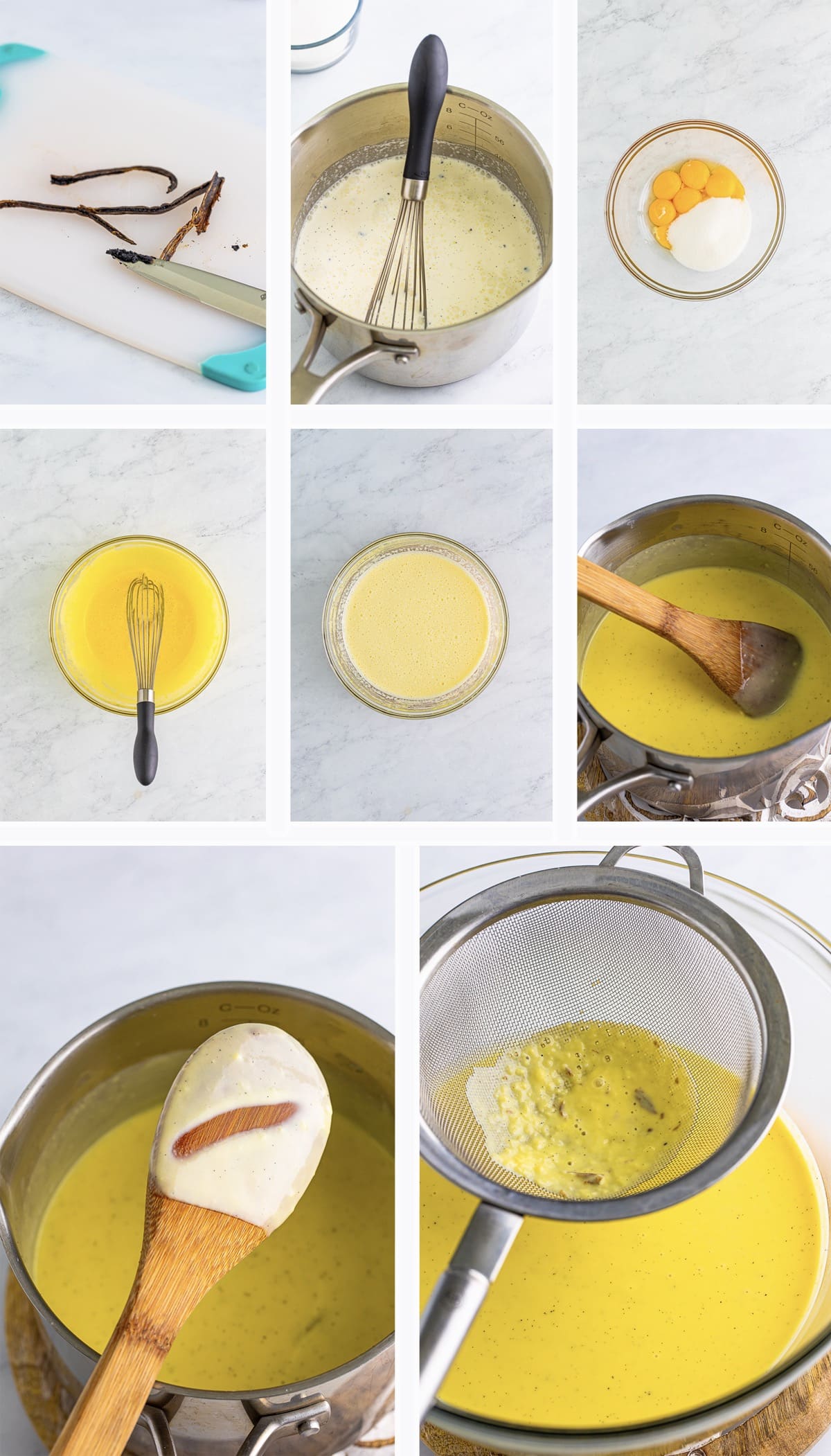 Collage of photos showing how to make Creme Anglaise Recipe on grey marble table top.