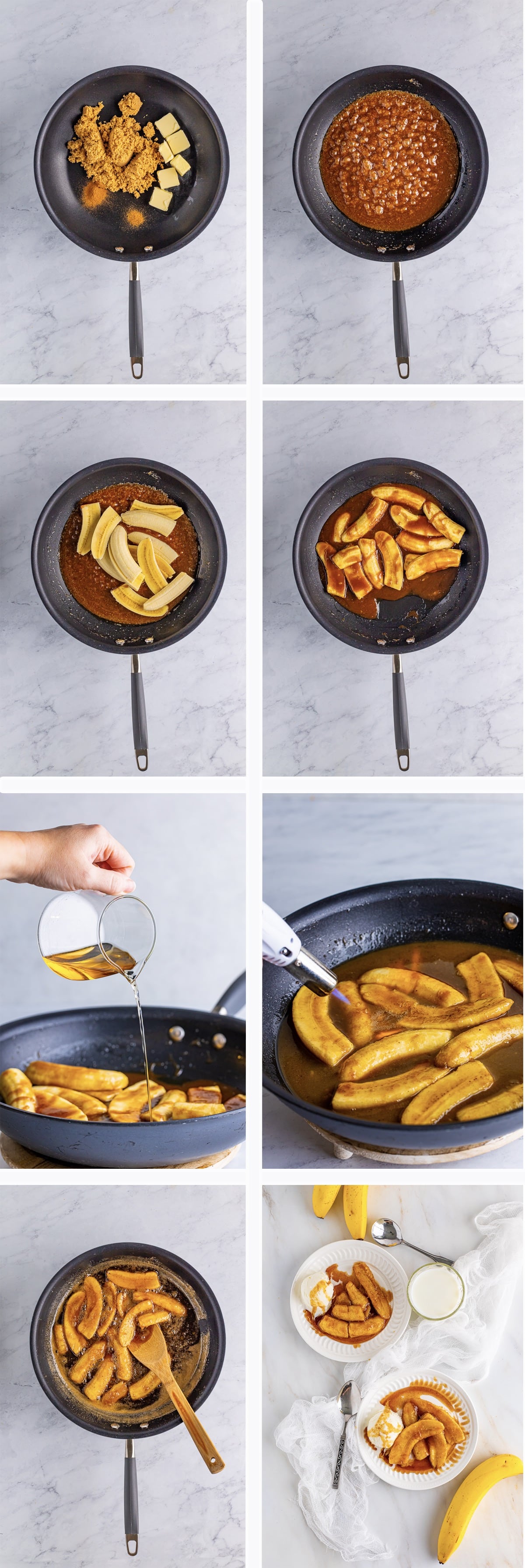 Collage of photos showing how to make New Orleans Bananas Foster on white marble countertop