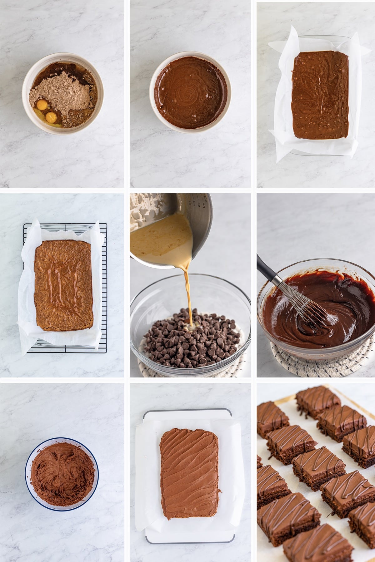 Collage of photos showing how to make Bailey's Brownies on a grey marble countertop