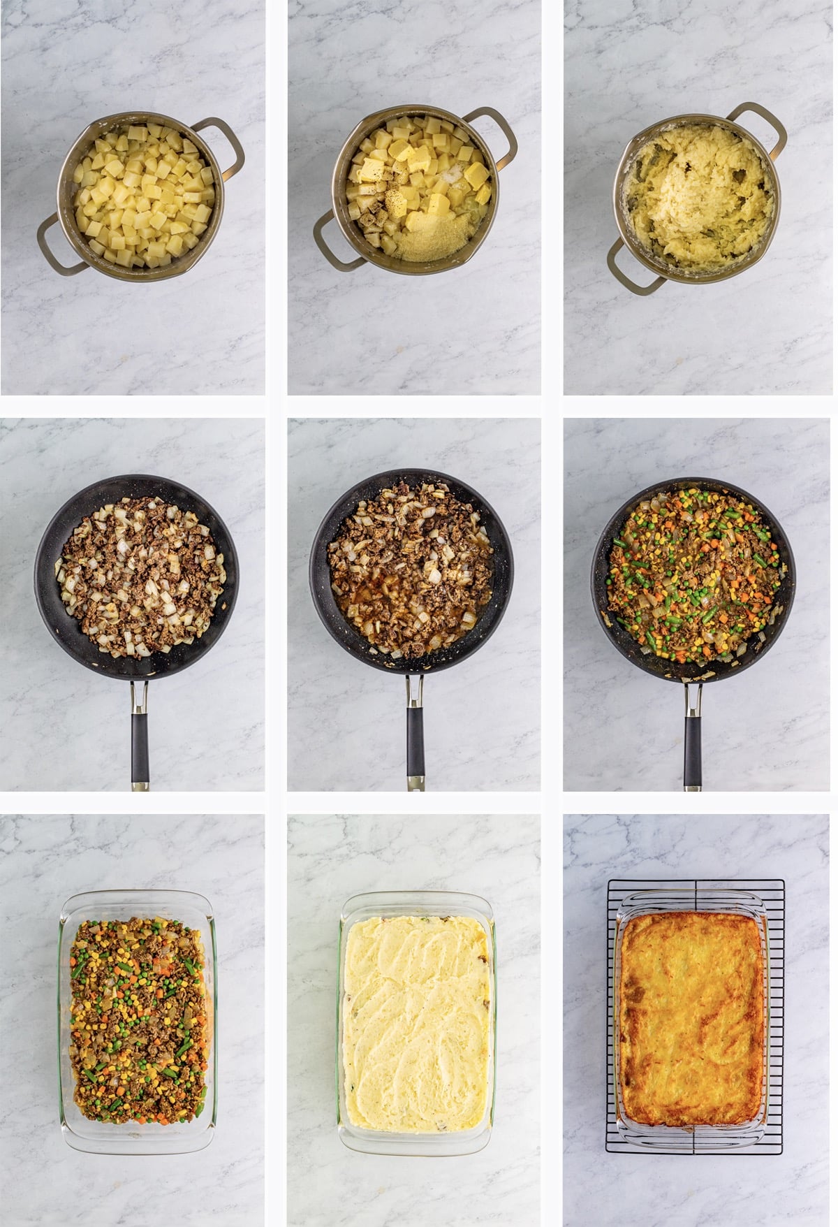 Collage of photos showing how to make Easy Cottage Pie Recipe on a grey marble table top