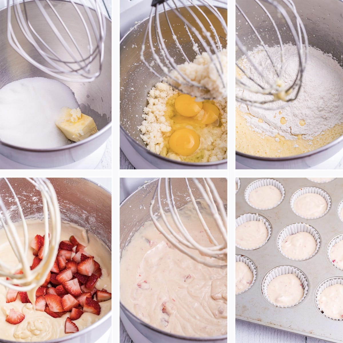 Collage of photos showing how to make Strawberry Cupcakes
