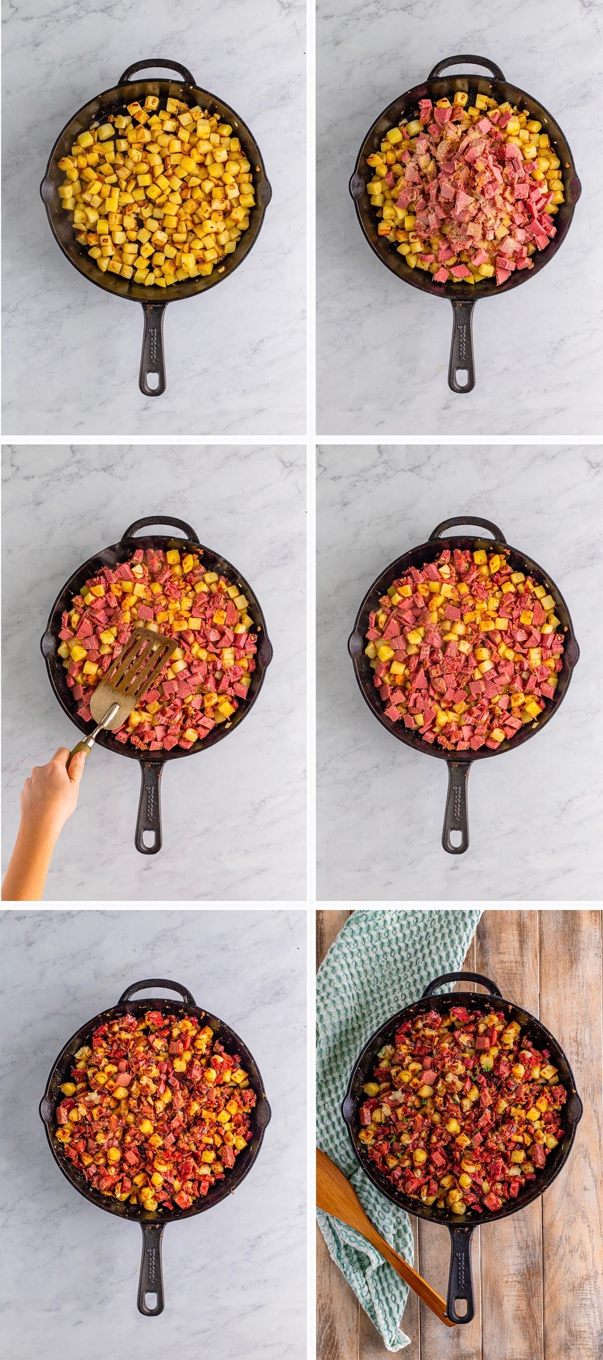 Overhead collage of images showing how to make homemade corned beef hash in a cast iron skillet on a grey marble tabletop