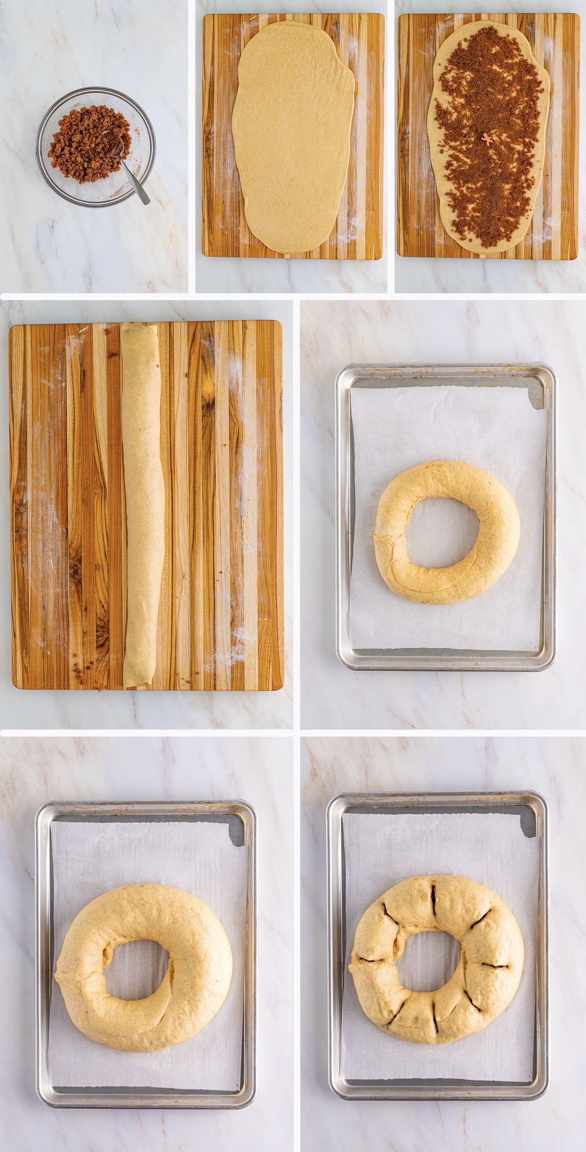 Collage of photos showing how to make the filling and shape this King Cake Recipe, shown on a tan marble table top