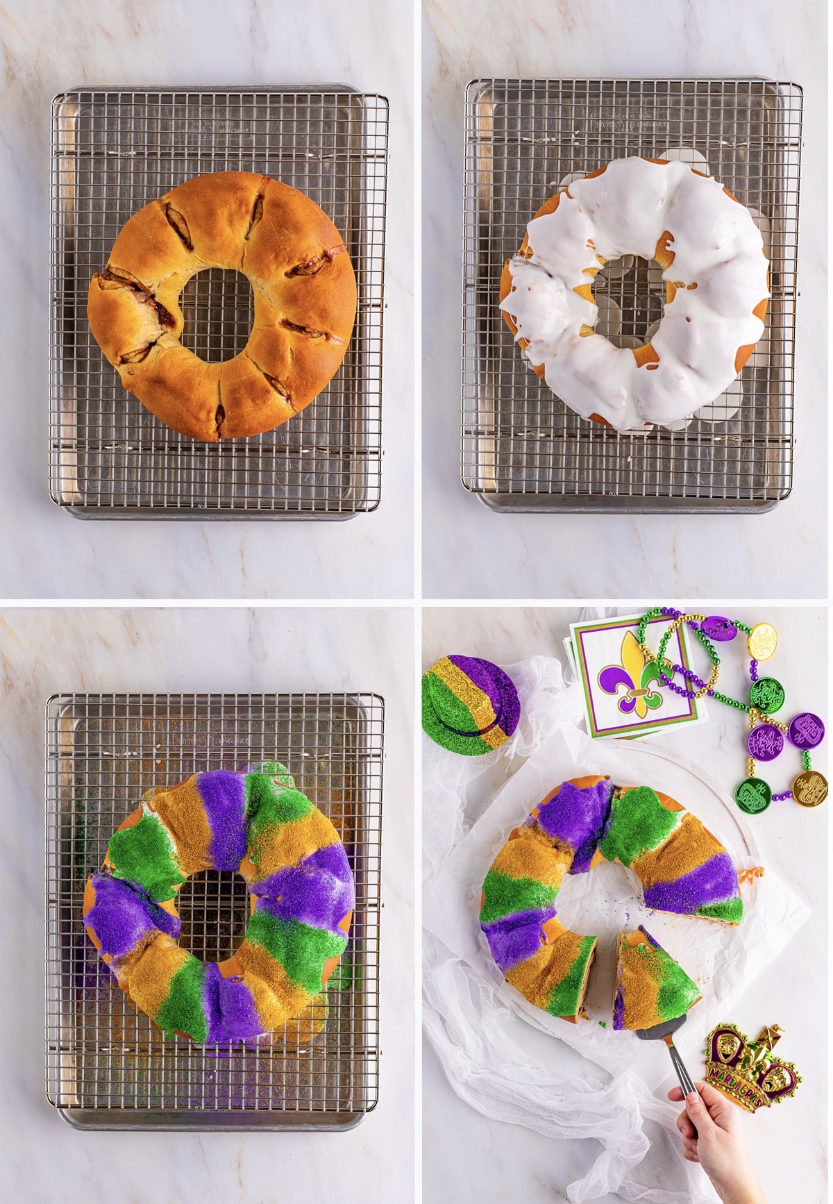 Collage of photos showing how to glaze and decorate this King Cake Recipe on a tan mable table top