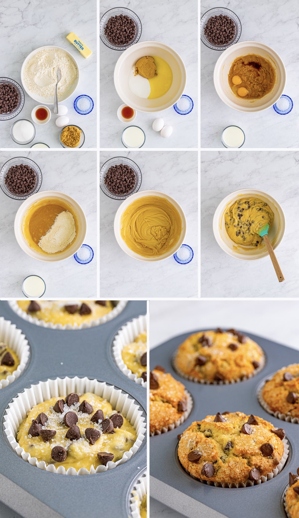 Collage of photos showing how to make Easy Chocolate Chip Muffins on a grey marble table top