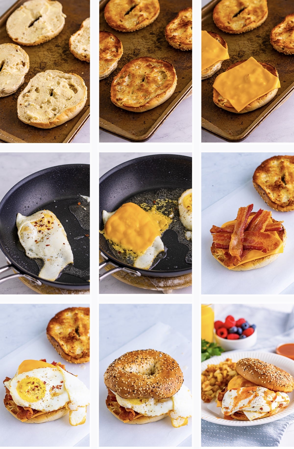 Collage of photos showing how to make Breakfast Bagel Sandwich shown on a grey marble countertop