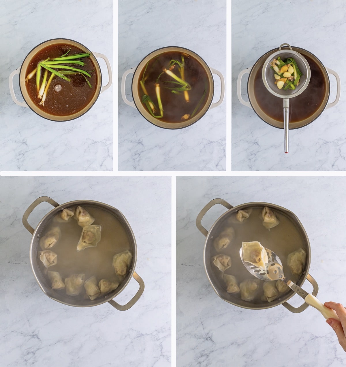 Collage of photos showing how to make the broth and how to boil the wontons for Wonton Soup Recipe on gray marble table top