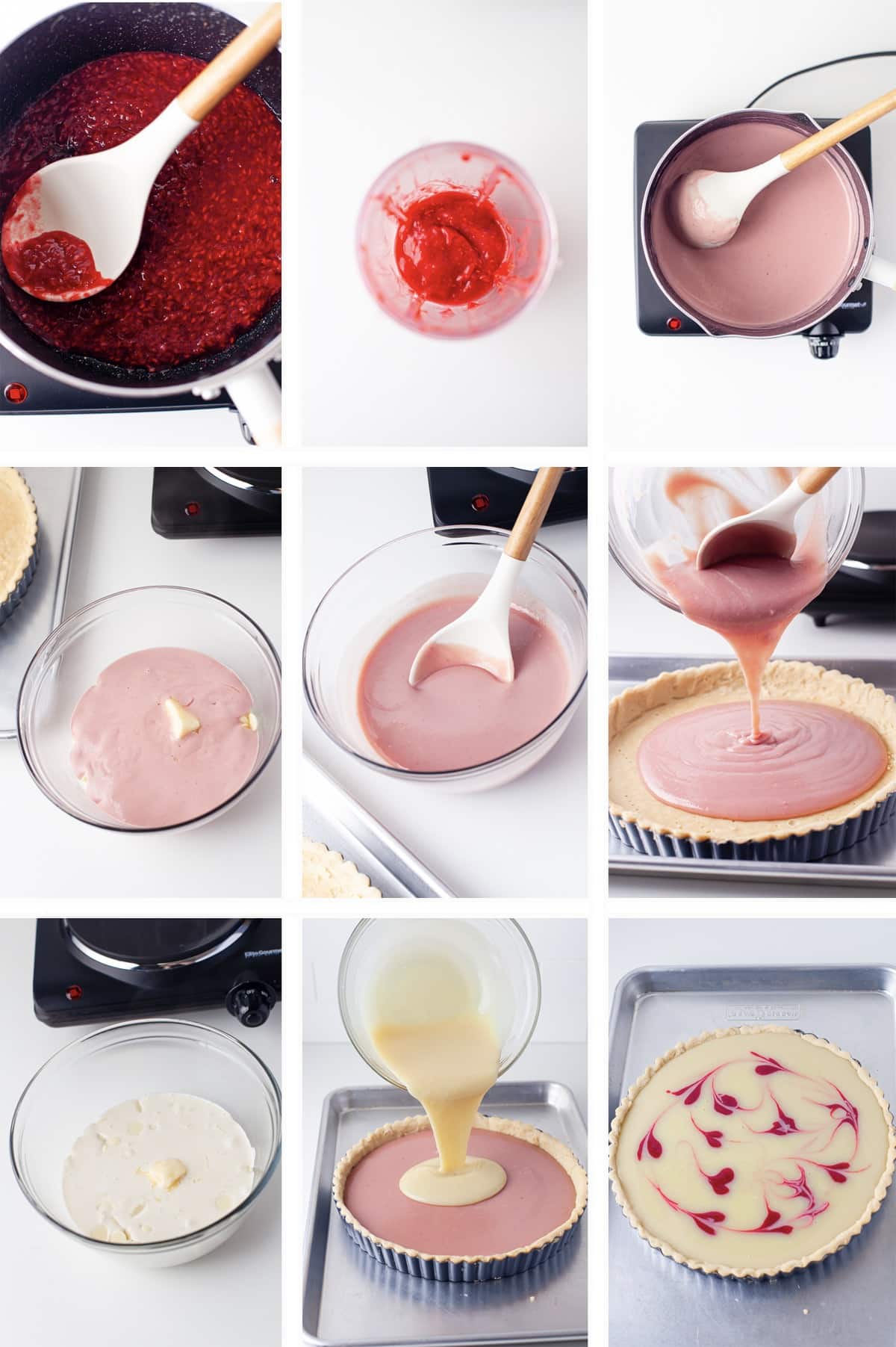 Collage of images showing how to make the fillings and assembly for Raspberry Tart on a white countertop
