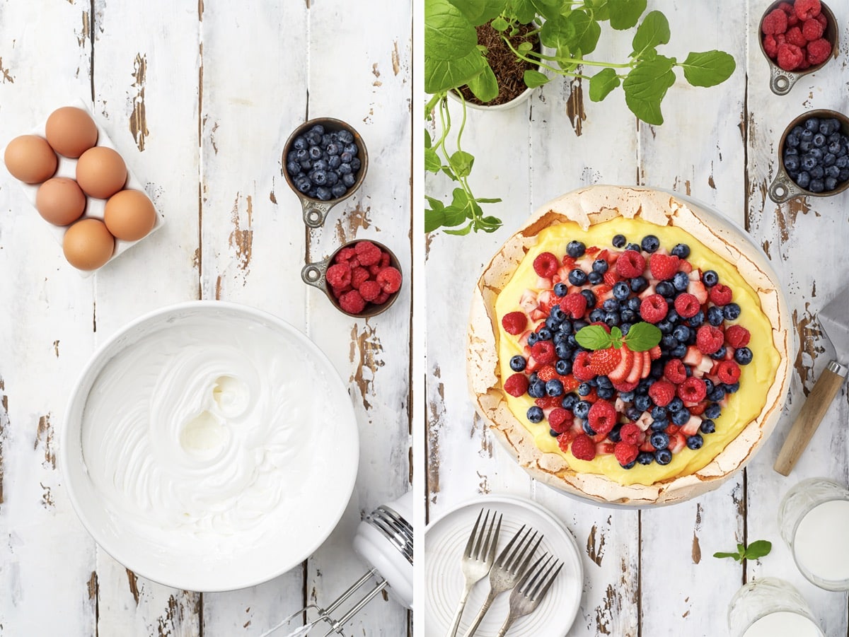 Collage of images showing how to assemble berry pavlova on a white wooden tabletop