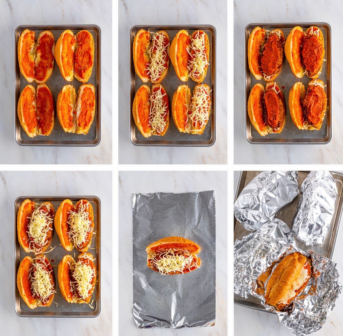 Overhead collage of images showing how to make Chicken Parmesan Subs Recipe, the assembly of the sandwiches step, on a tan marble table top