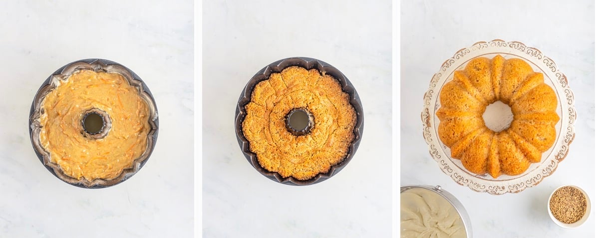 Overhead collage of images showing how to bake the cake for carrot bundt cake on white table top