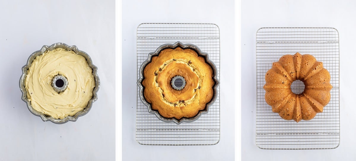 Overhead collage of images showing the cake for chocolate chip bundt cake being baked on white table top
