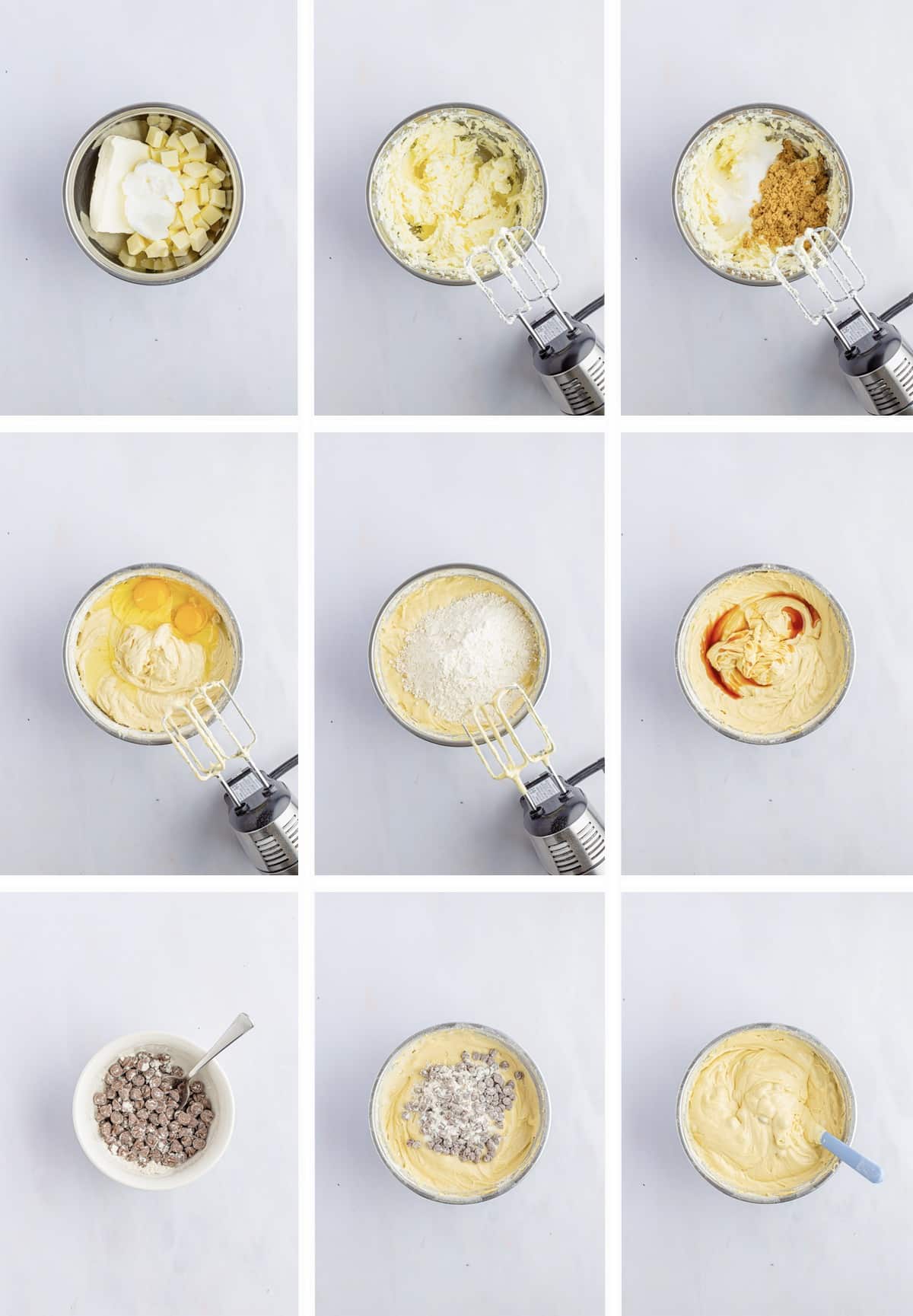 Overhead collage of images showing how to make the cake batter for chocolate chip bundt cake on white table top 