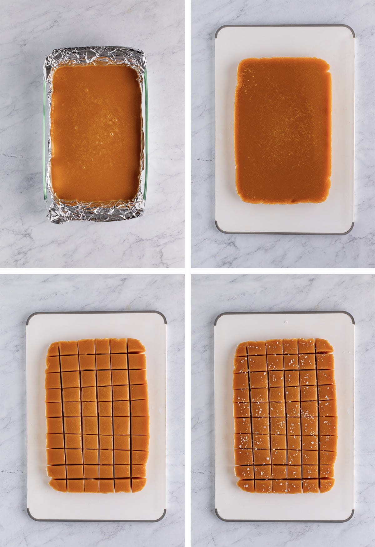Collage of overhead images showing how to cut and serve Salted Caramels Recipe on a grey marble tabletop