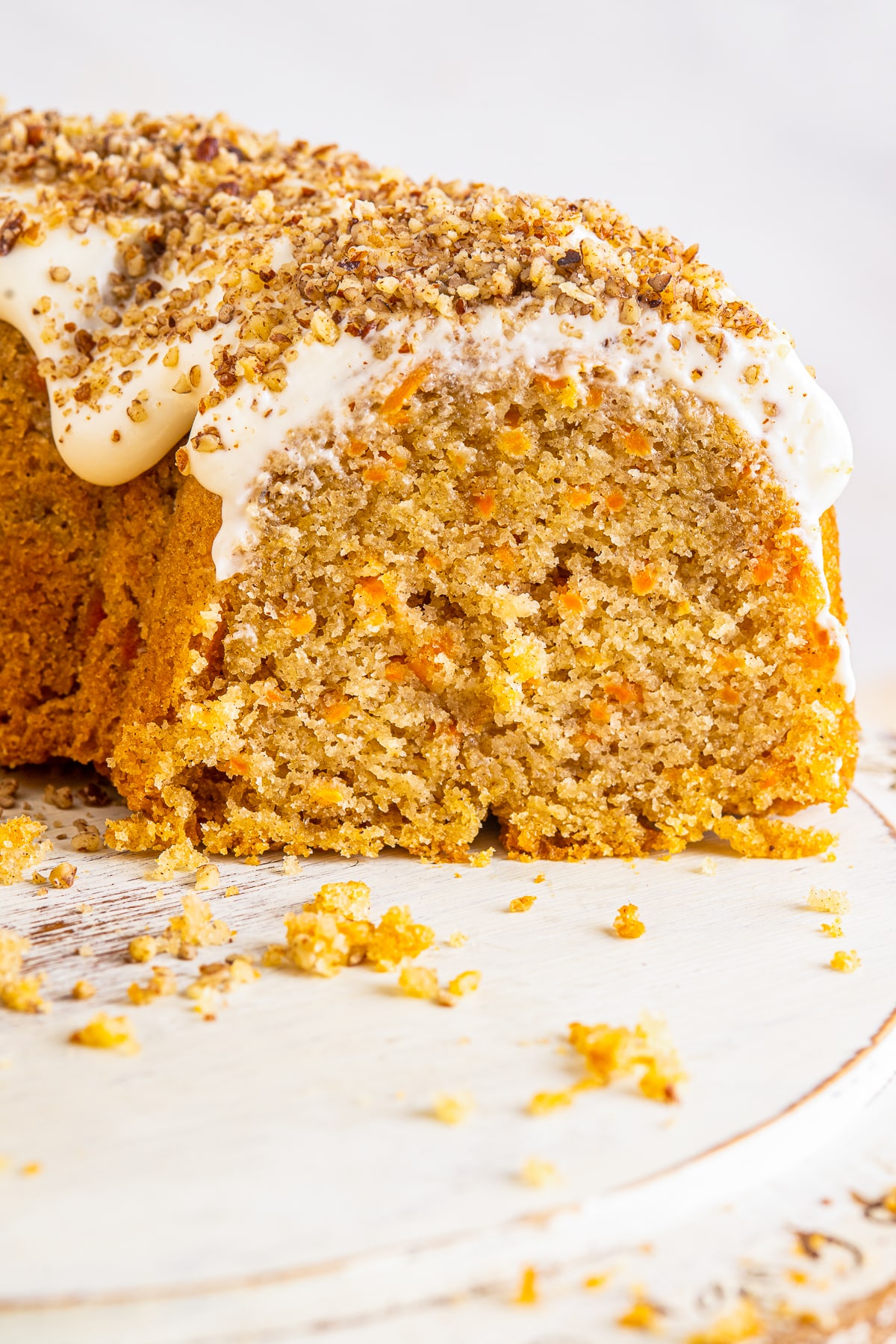Up close photo showing the interior texture of carrot bundt cake 