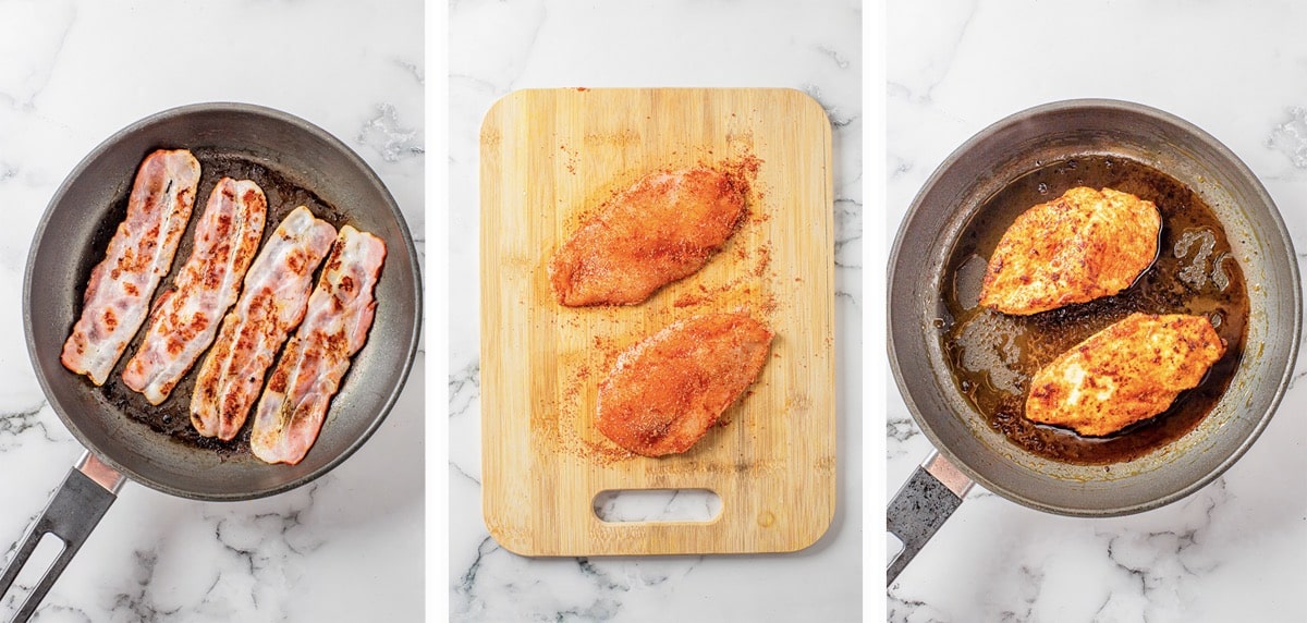 Overhead collage of images showing how to prepare the bacon and chicken for bacon ranch chicken wraps