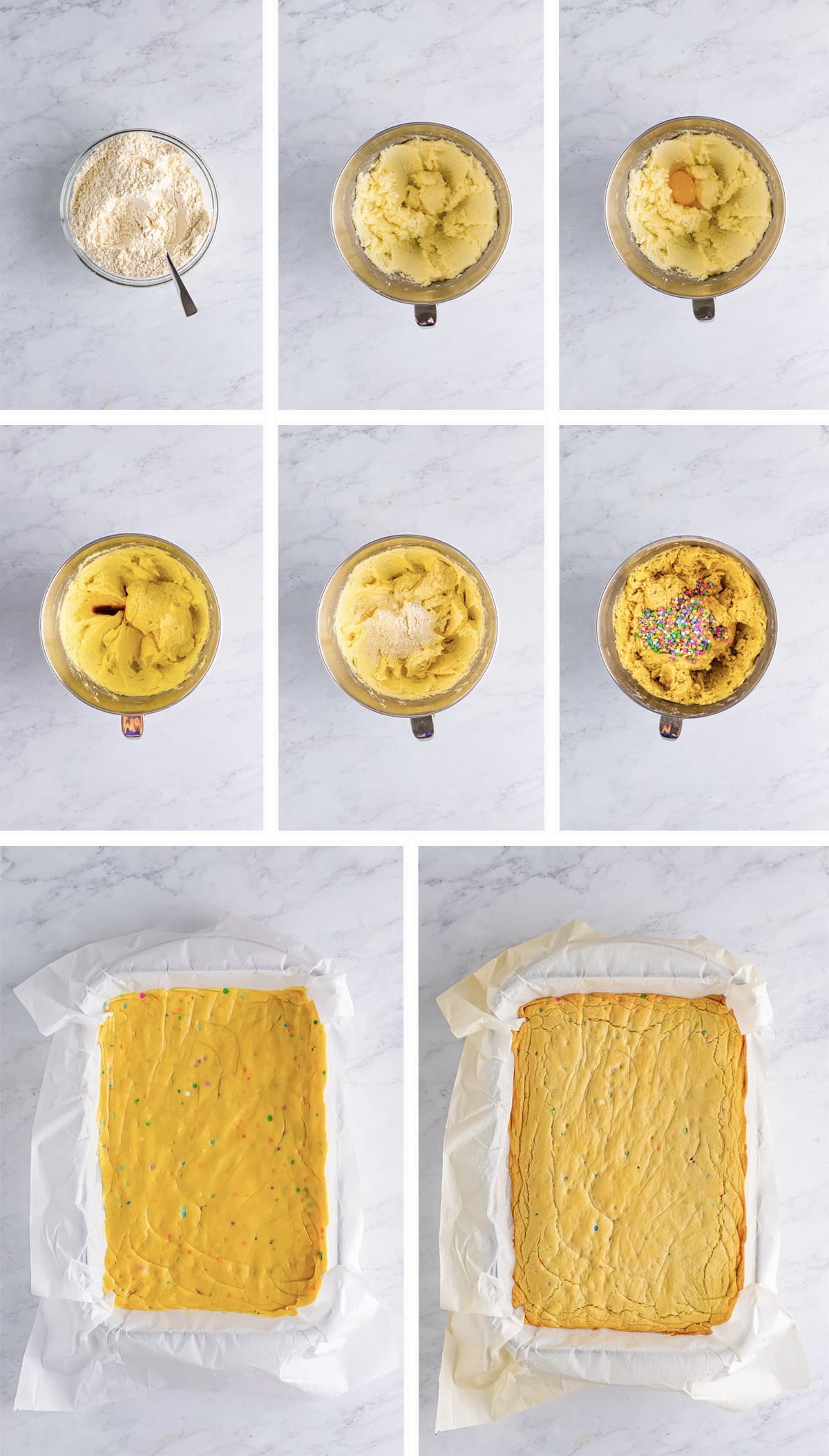 Overhead collage of images showing how to make the cookie dough for easter cookie bars on a grey marble table top
