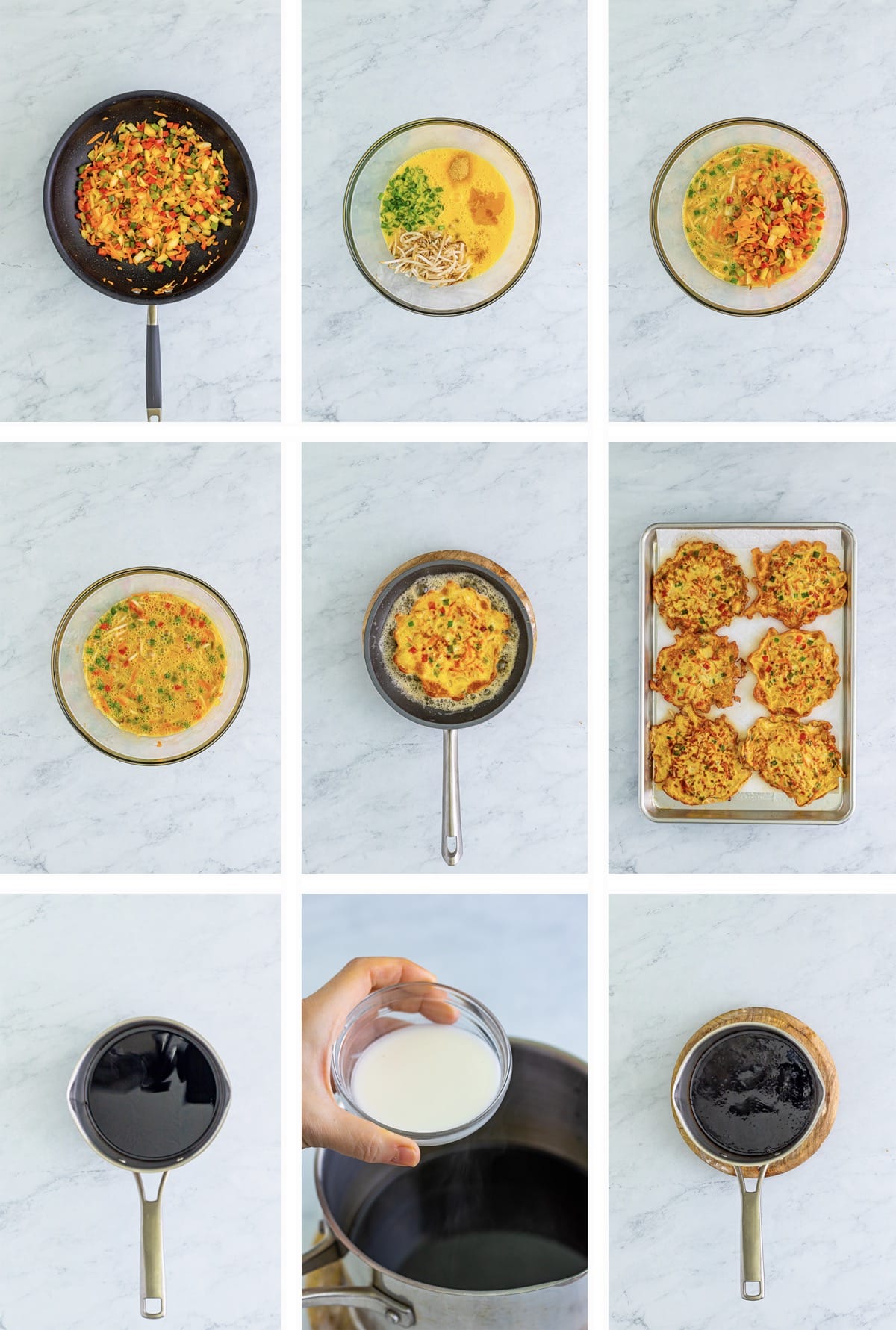 Collage of photos showing how to make Vegetable Egg Foo Young Recipe on grey marble tabletop