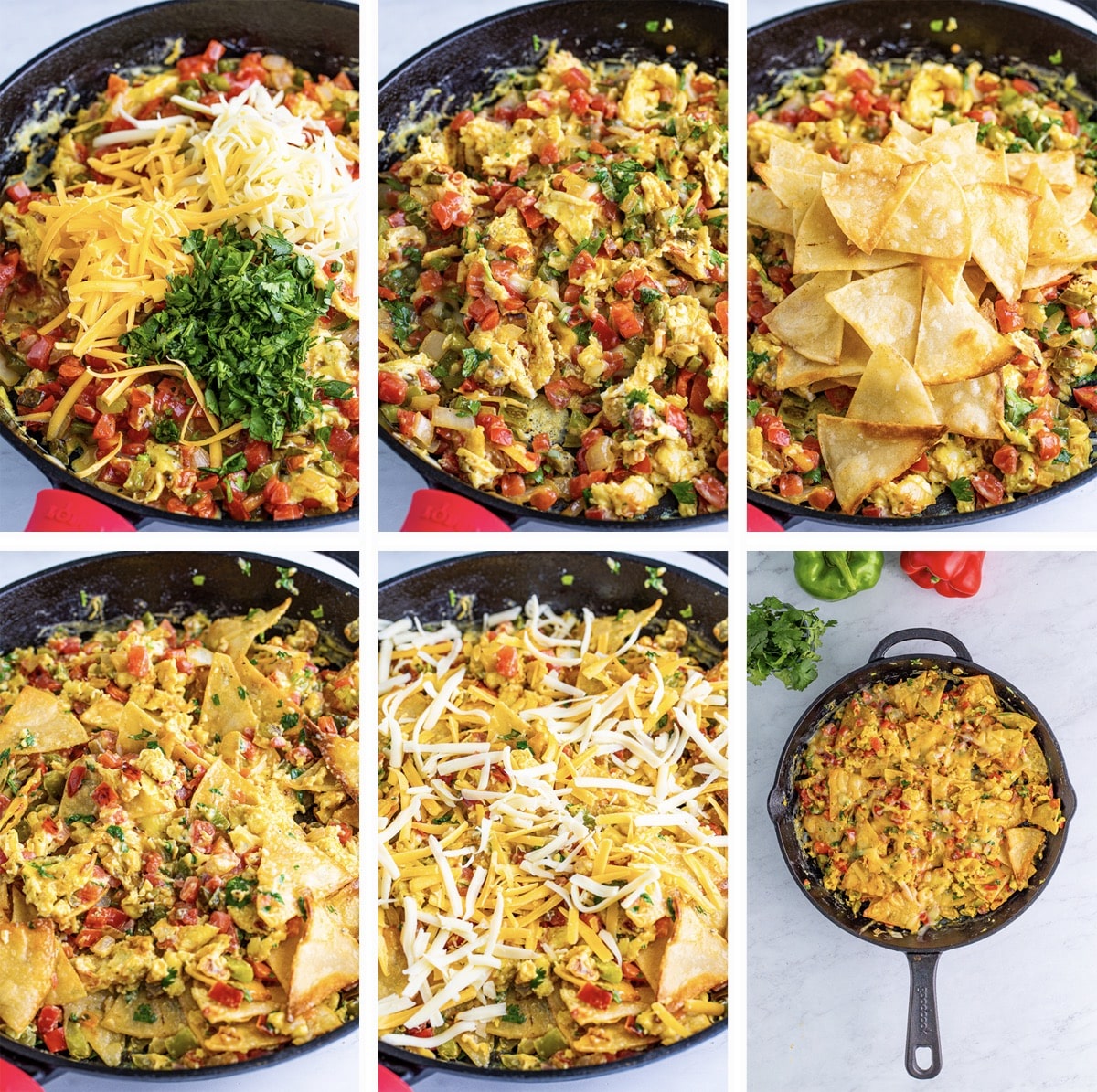 Collage of images showing the final steps on how to make Migas Breakfast on gray marble table top